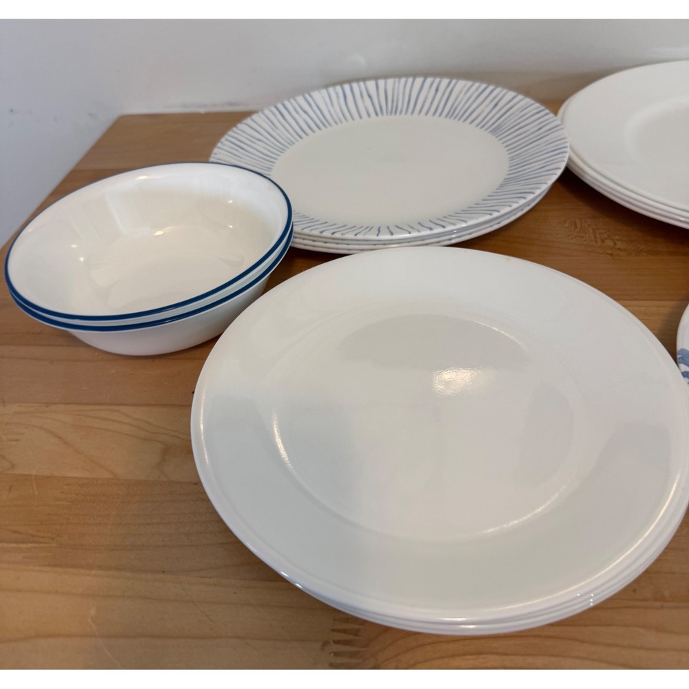Mixed Corelle Vitrelle Blue & White Dinnerware Set 24pc Floral Stripe Pattern - Picture 2 of 15